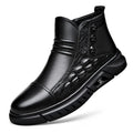 Men's genuine leather worker boots in black with round toe, warm lining, and non-slip sole
