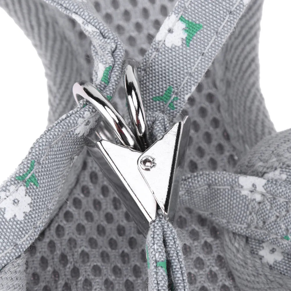 Pet strawberry chest rope dog harness in pink or grey with metal buckle, mesh fabric and bow tie, sizes S to XL