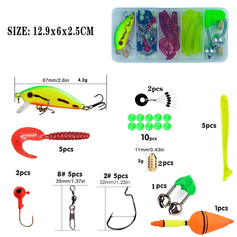 Children's fishing rod set with pole, wheel and bait accessory box in multiple colour options