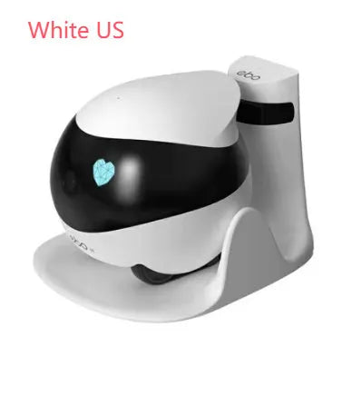 White smart mobile surveillance robot camera with automatic docking station on a floor.
