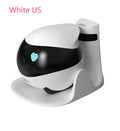 White smart mobile surveillance robot camera with automatic docking station on a floor.