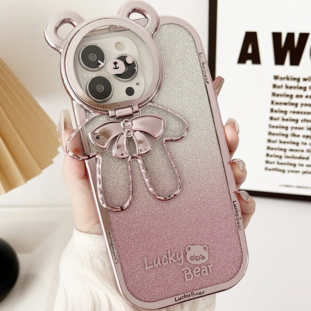 Electroplating glitter phone case with lucky bear bracket for iPhone, TPU all-inclusive crossbody cover in Dark Night Purple