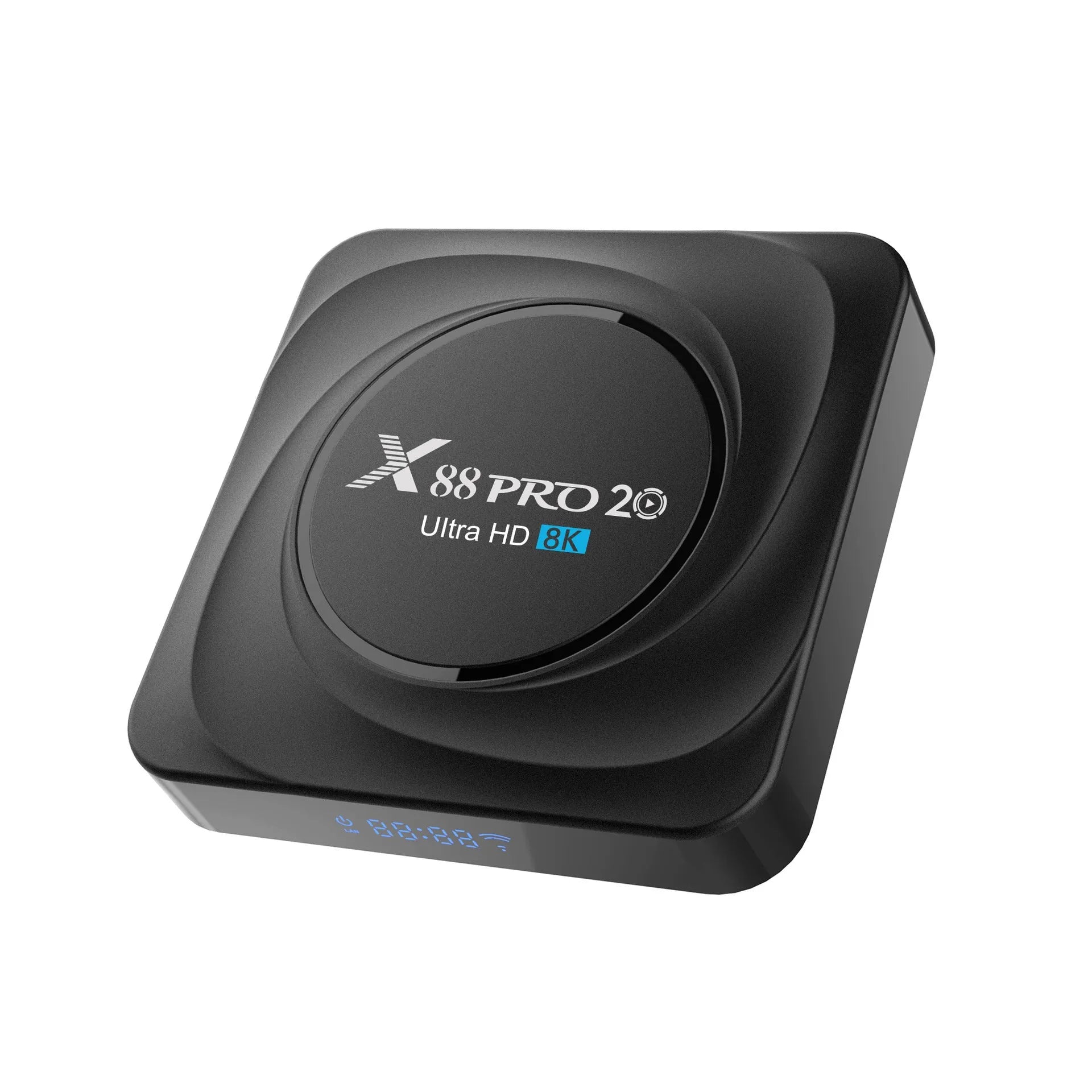 Compact black Android TV box with HDMI port, shown with remote control and power cable