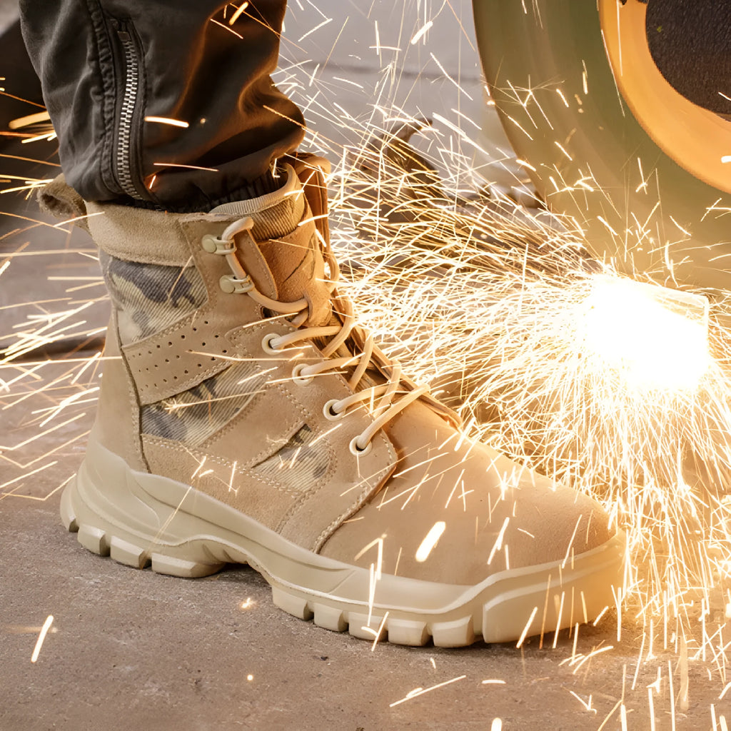Khaki high-top suede combat boots with steel toe caps and front lace-up closure