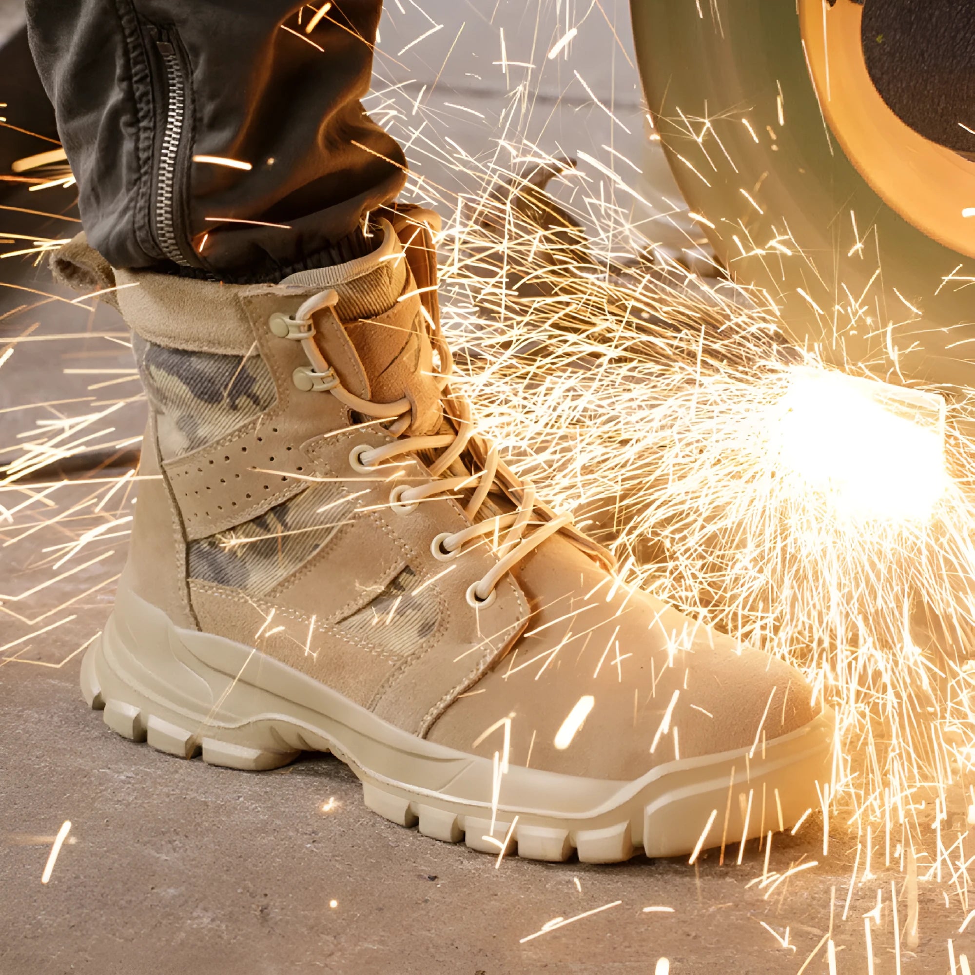 Khaki high-top suede combat boots with steel toe caps and front lace-up closure