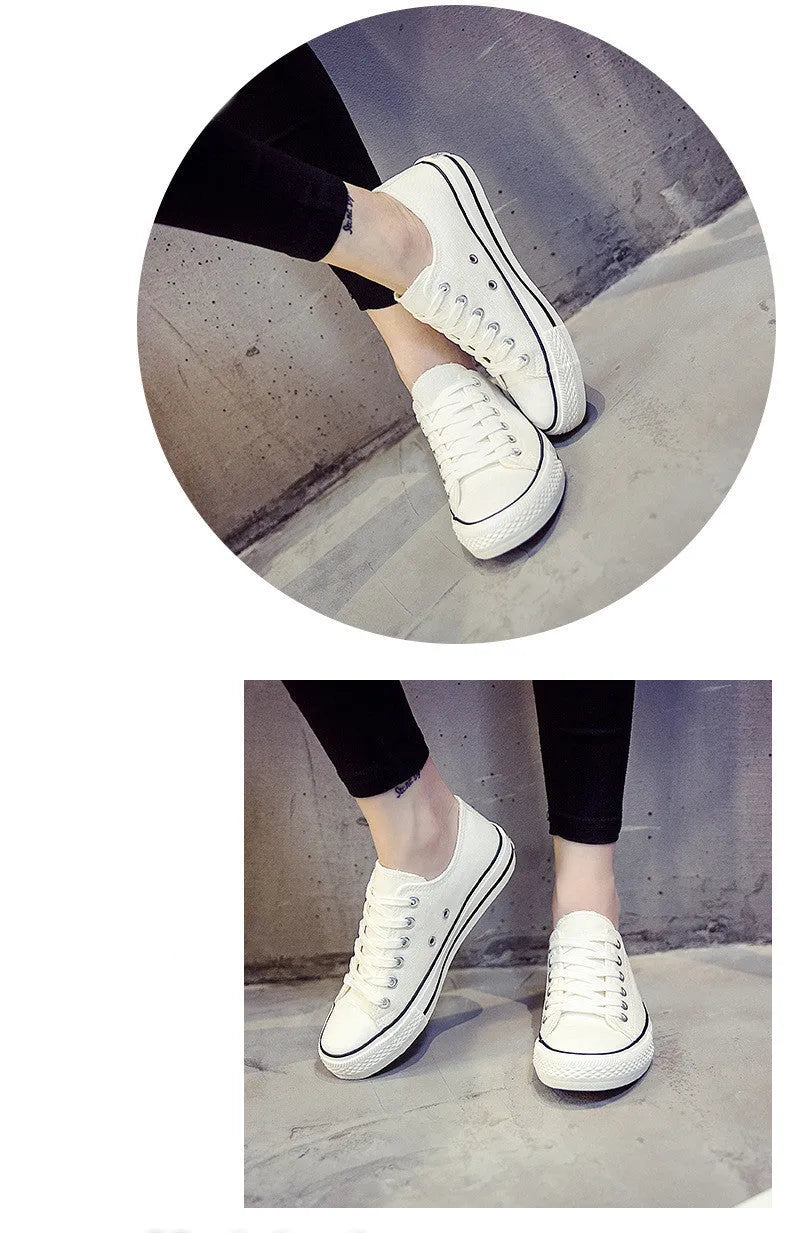 Women's solid colour canvas casual shoes in black, white black, white red and all black colour options.