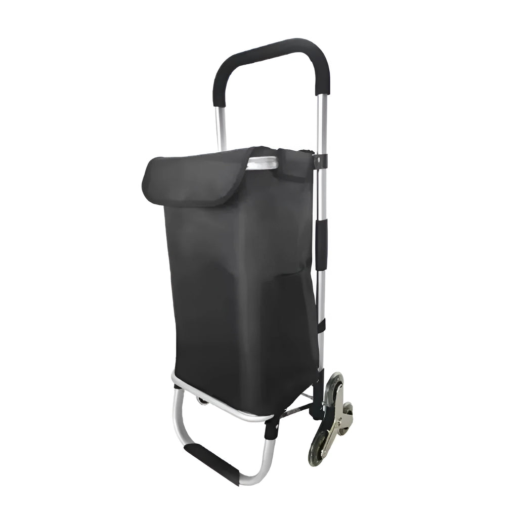 Black foldable shopping trolley bag with aluminium frame, detachable polyester bag and 20cm casters