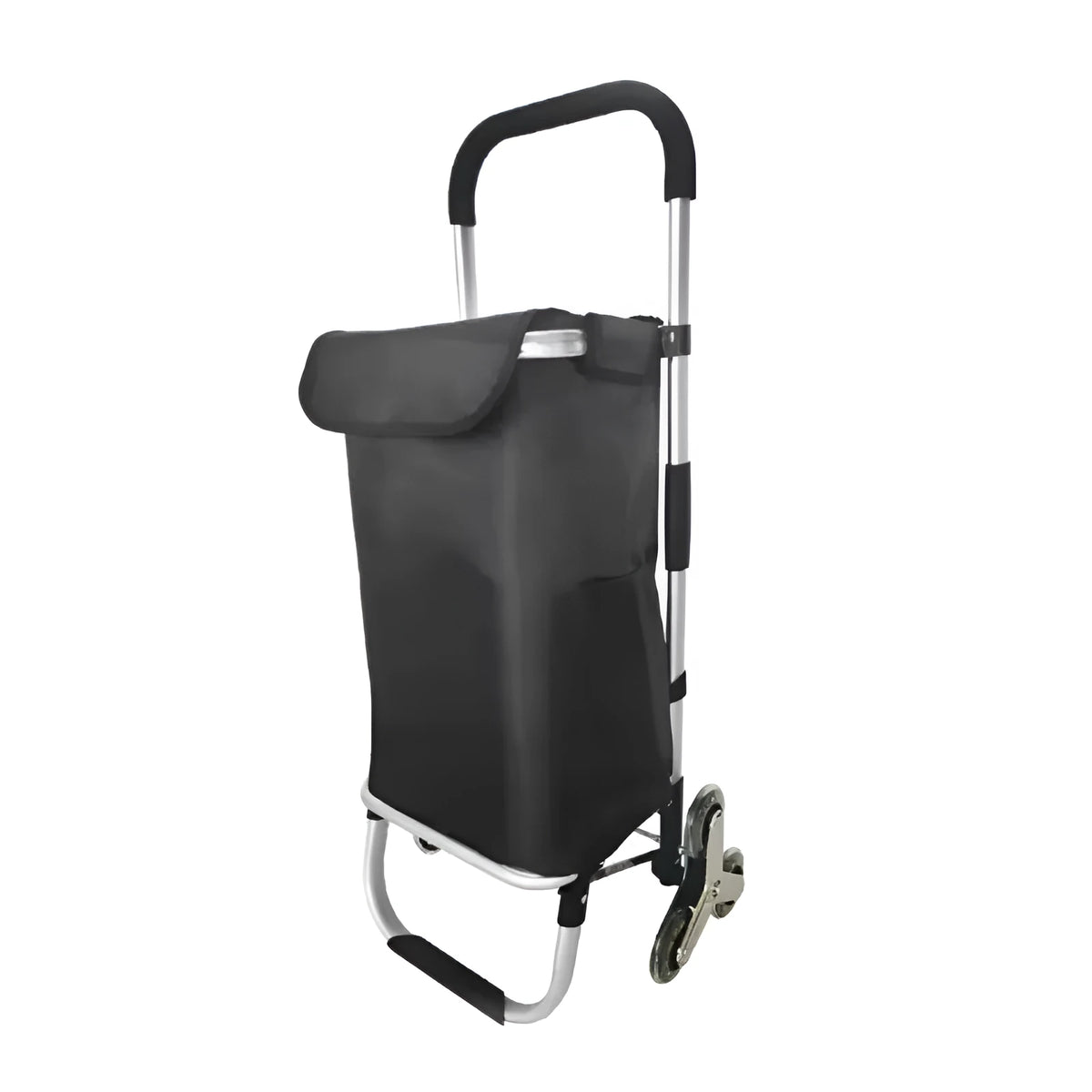 Black foldable shopping trolley bag with aluminium frame, detachable polyester bag and 20cm casters