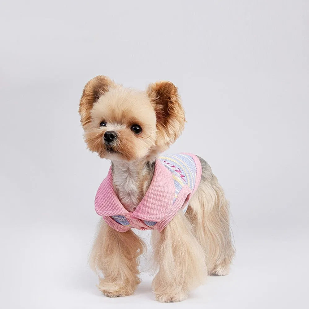 Pink purple knitted vest for a small dog or cat on a mannequin.