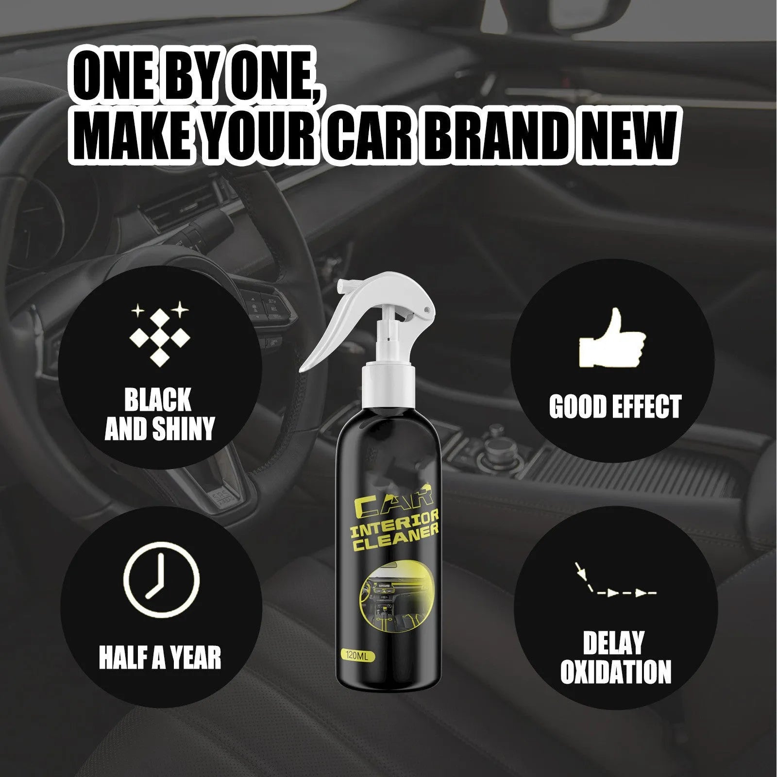 120ml bottle of car interior cleaner for leather and plastic dashboard maintenance