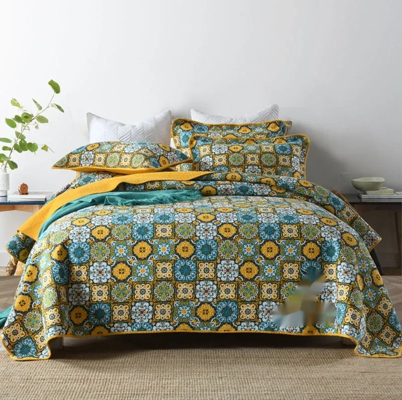 Pure cotton bedspread three-piece set with geometric pattern, showing bedcover and pillowcases.