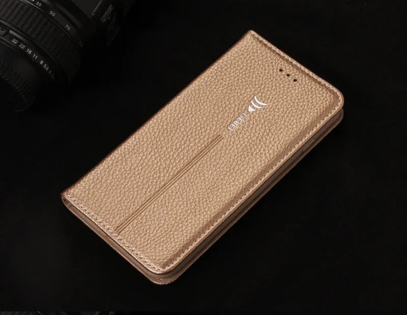 PU leather wallet phone case for iPhone with card slots in black, blue, brown, khaki, and pink colours.