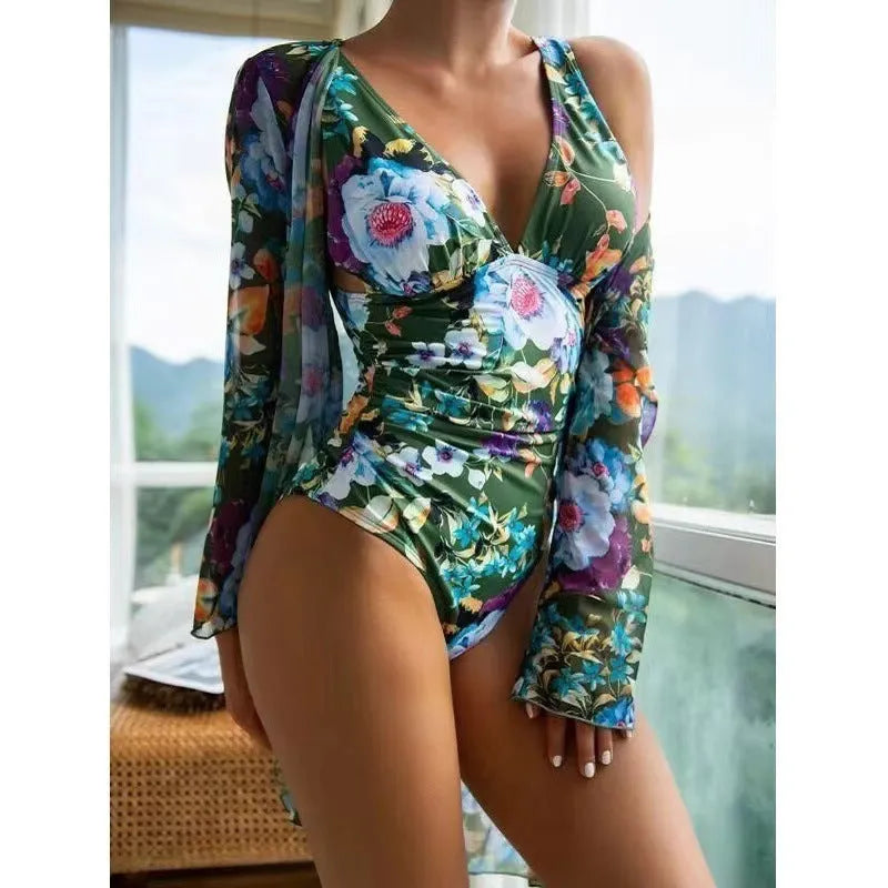Women's floral print bikini set with lace-up front and cover-up coat in green