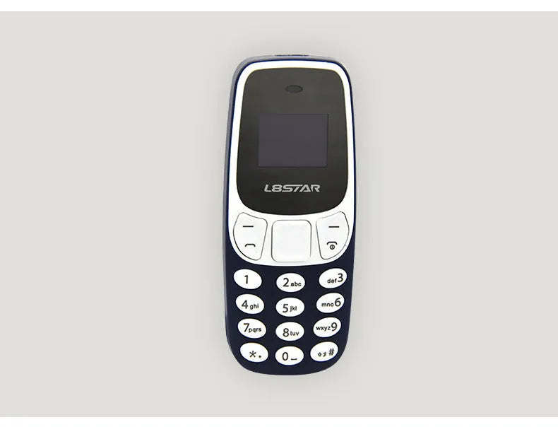 Miniature blue thumb phone with 0.66-inch OLED display, 68mm length, and keypad for dual SIM calling