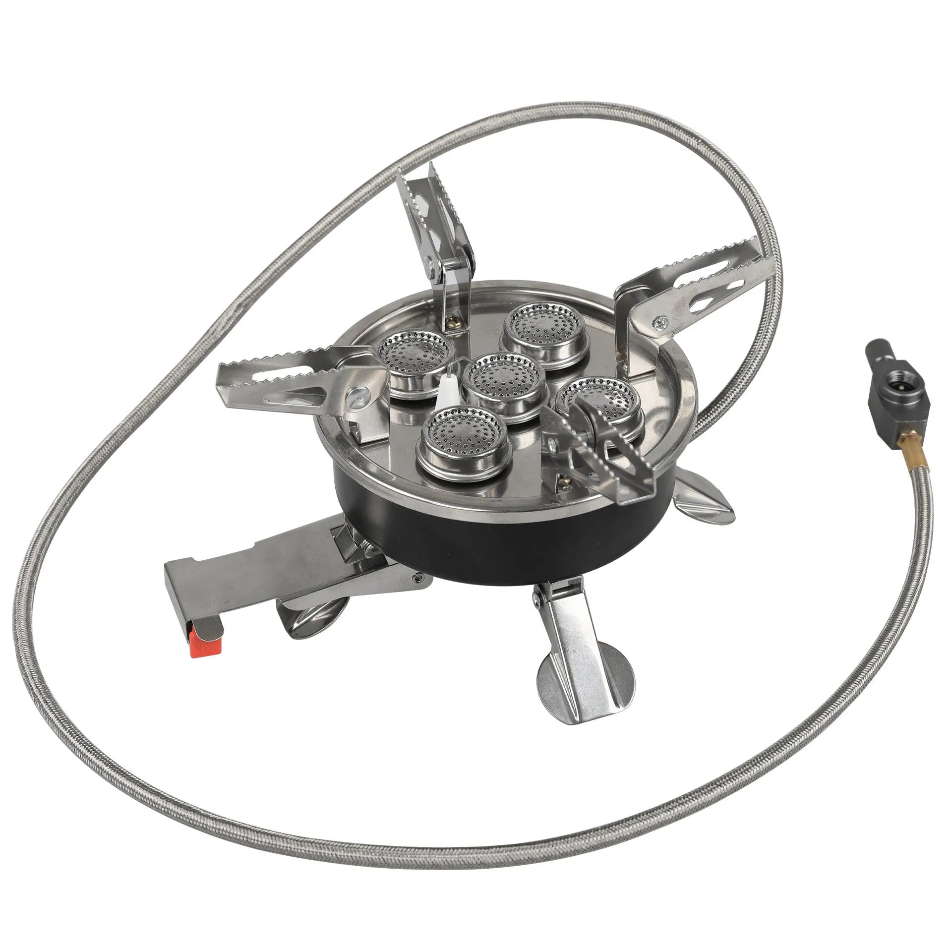 Silver portable split stove with stainless steel and copper construction for outdoor cooking