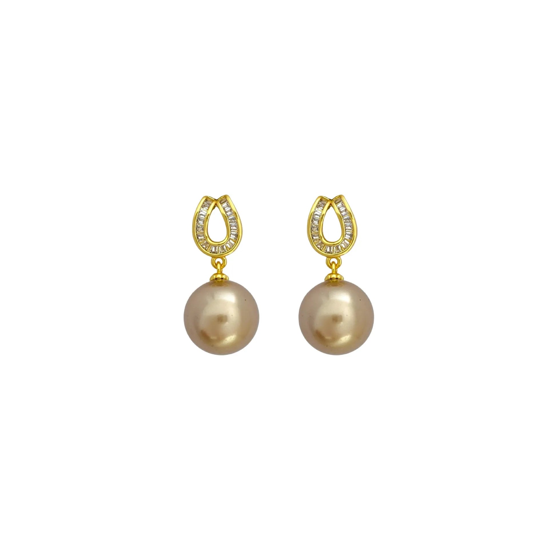 Geometric champagne pearl earrings with inlaid zircon on copper base in ear clip style
