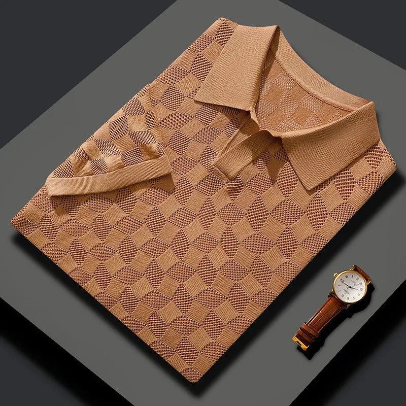 Man wearing a camel-coloured short sleeve lapel sweater made from mulberry silk