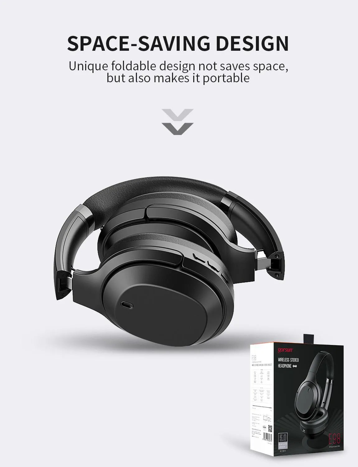 Black Gorsun E98 over-ear Bluetooth headphones with memory-protein ear cushions and stainless steel sliders