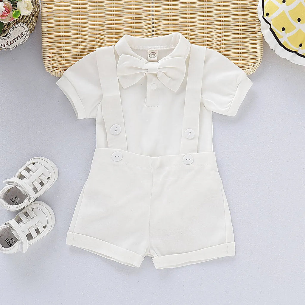 Baby romper bow tie overall dress set, three-piece cotton outfit, shorts, neutral, 70cm to 100cm