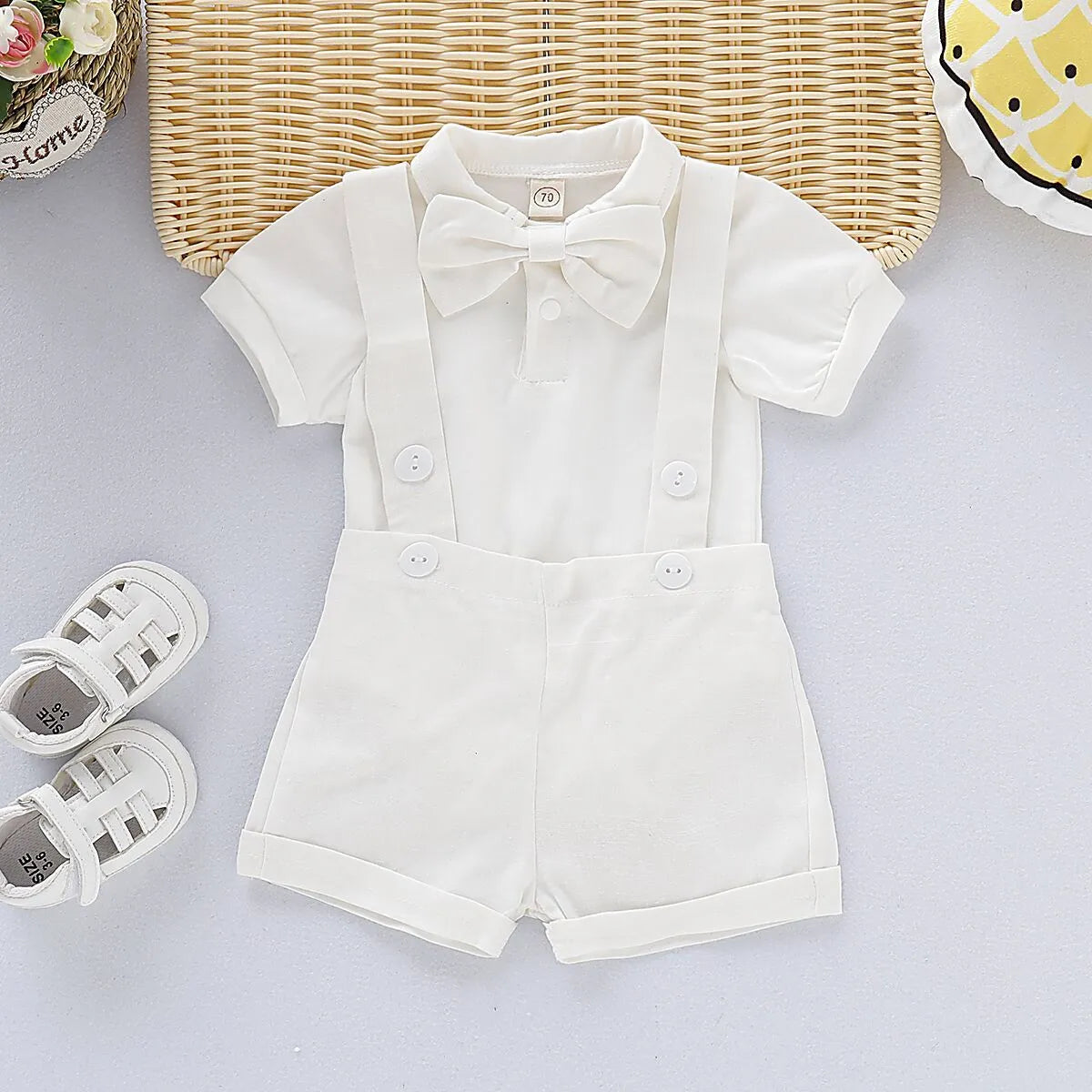 Baby romper bow tie overall dress set, three-piece cotton outfit, shorts, neutral, 70cm to 100cm