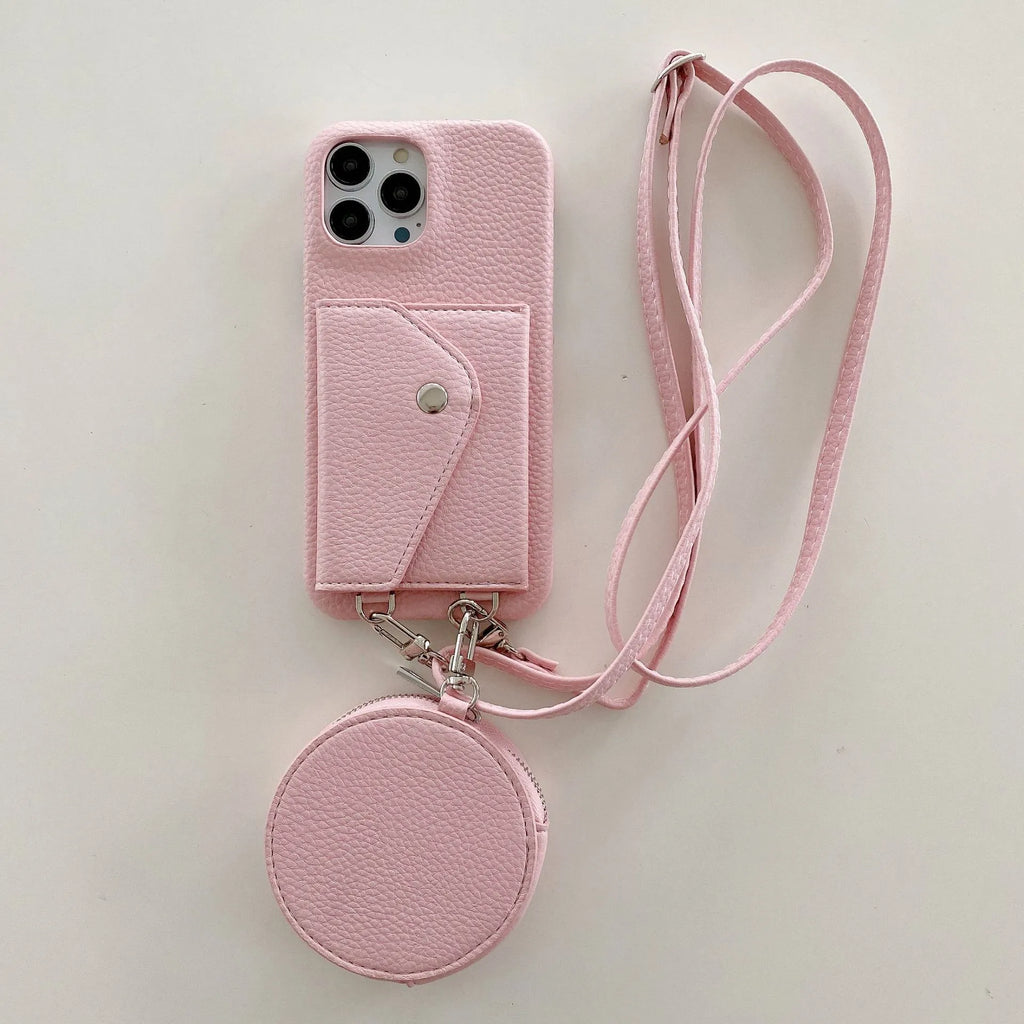 PC leather card holder coin purse crossbody phone case for iPhone, available in black, orange, and white