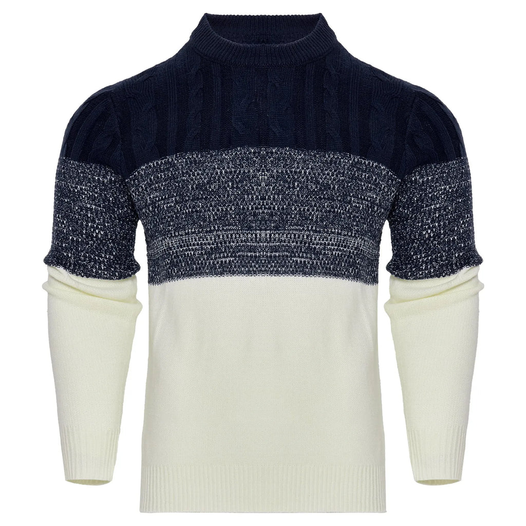 Men's grey knitted sweater with long sleeves, crew neck, and ribbed hem cuffs laid flat