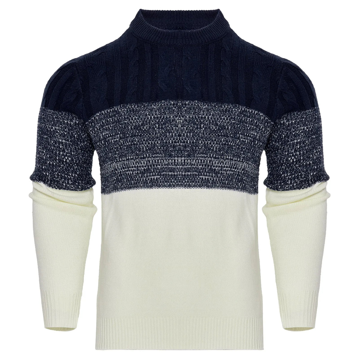 Men's grey knitted sweater with long sleeves, crew neck, and ribbed hem cuffs laid flat
