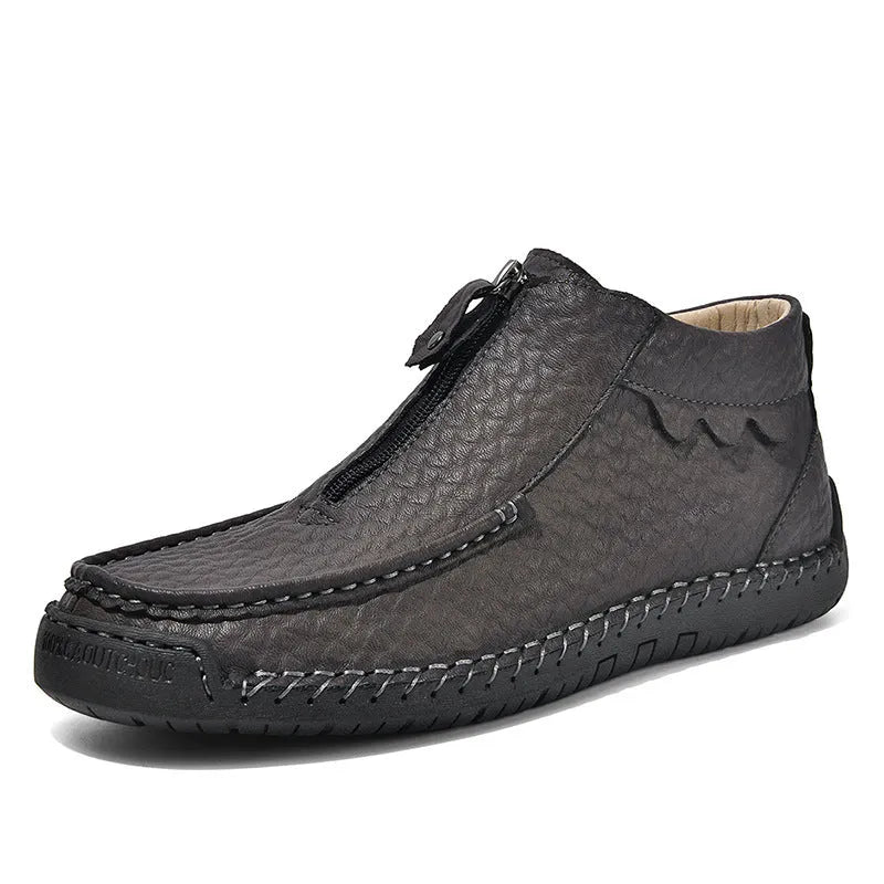 Men's slip-on leather loafers in black, brown and grey colours with round toe and rubber sole