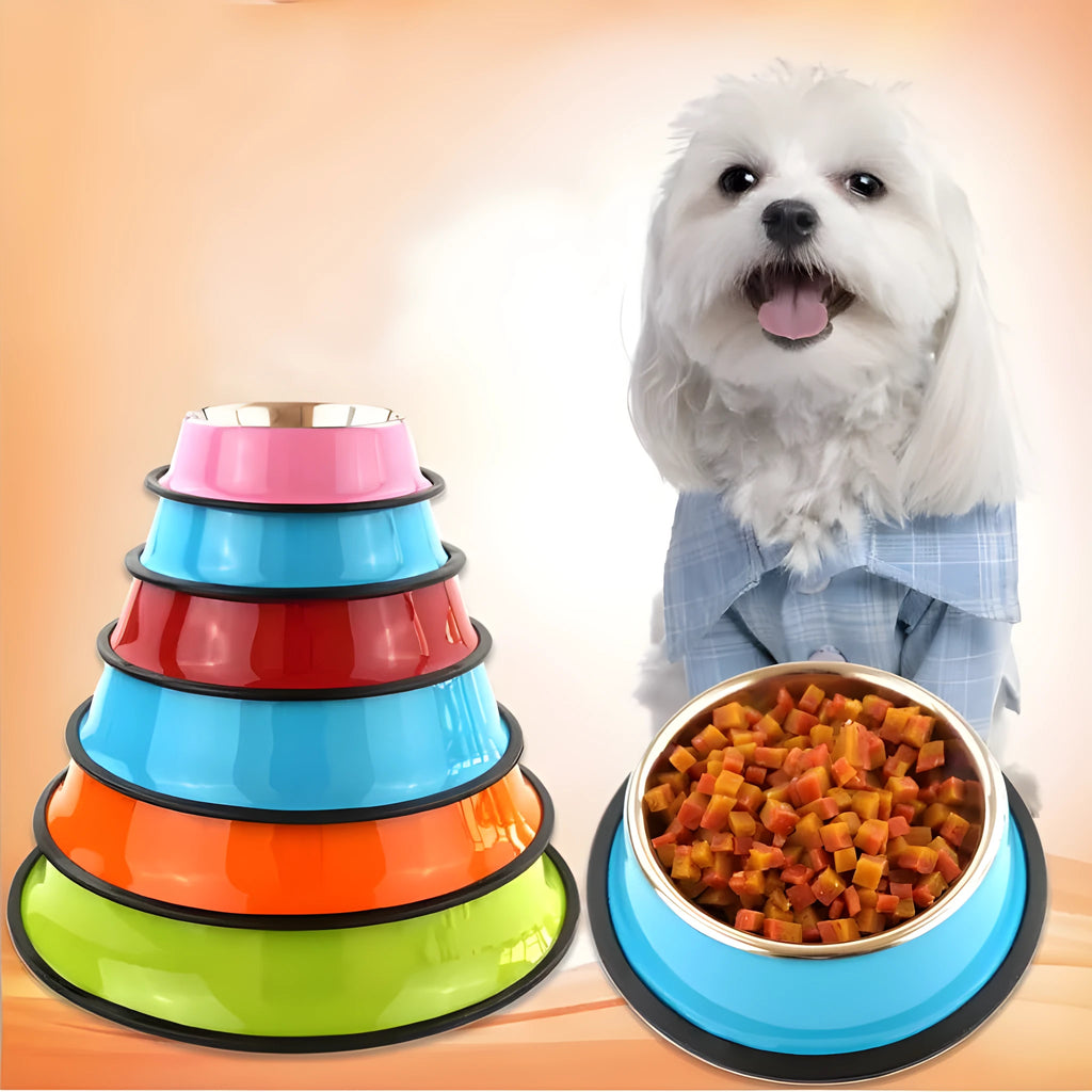 Stainless steel pet bowl with melamine exterior in six colour options showing non-slip base