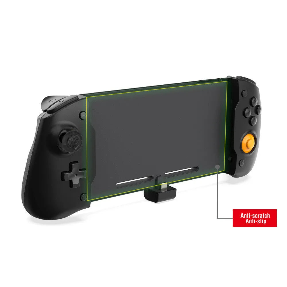 Black and white portable gamepad handle for Nintendo Switch console with integrated charging port.