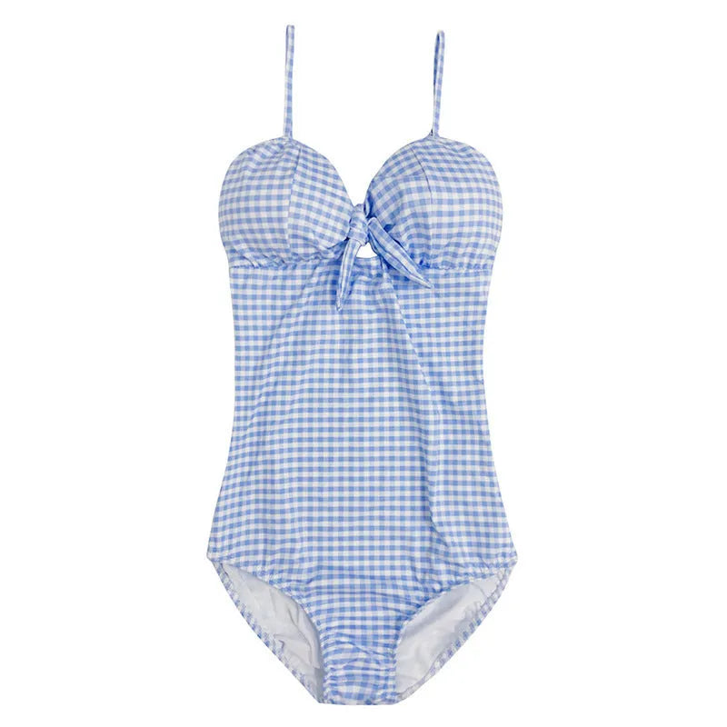 Women's blue and white plaid one-piece swimsuit on hanger showing full front view