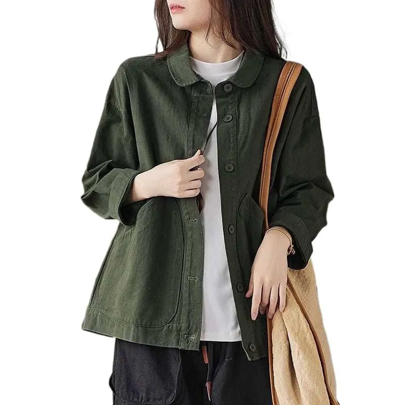 Retro twill cotton loose casual top with large pocket for women in khaki