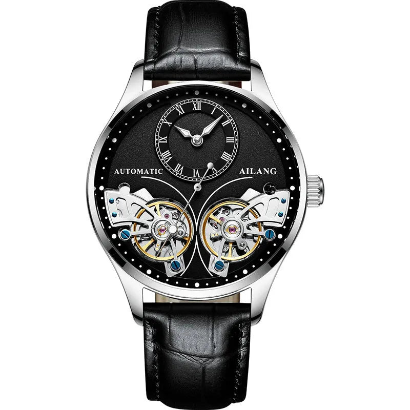 Automatic men's watch with tourbillon and moon phase on black steel strap