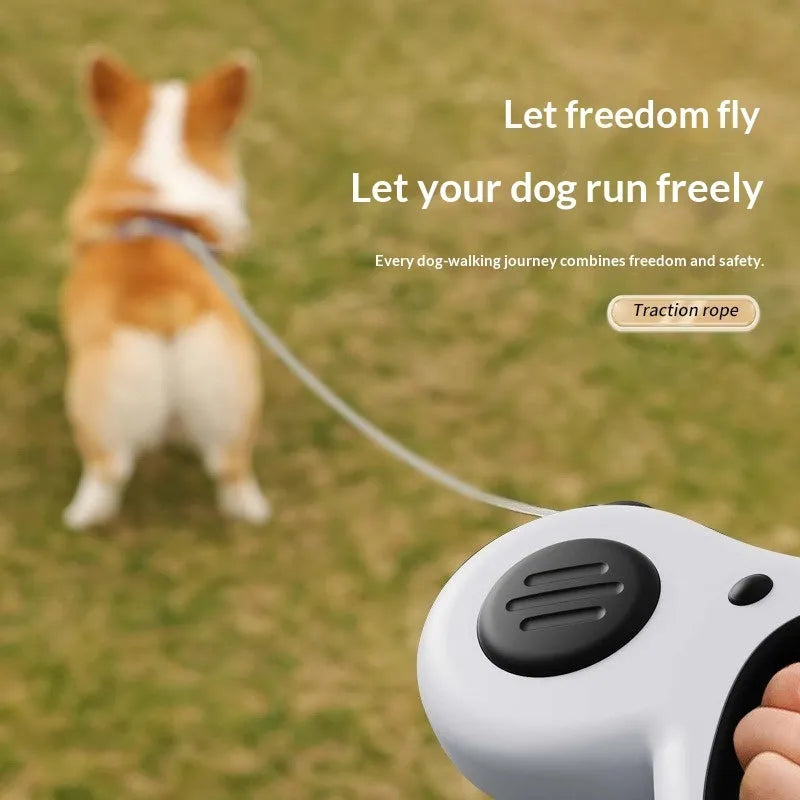 Automatic retractable dog leash with 5m black cord, ABS plastic housing, and anti-slip handle for walking