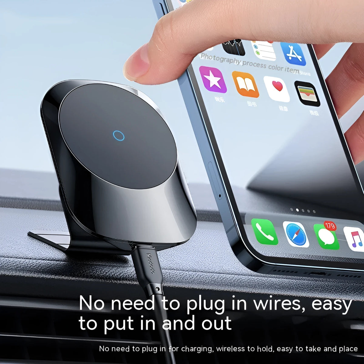 Black and white magnetic car wireless charger with phone mounted, showing air vent and dashboard mounting options