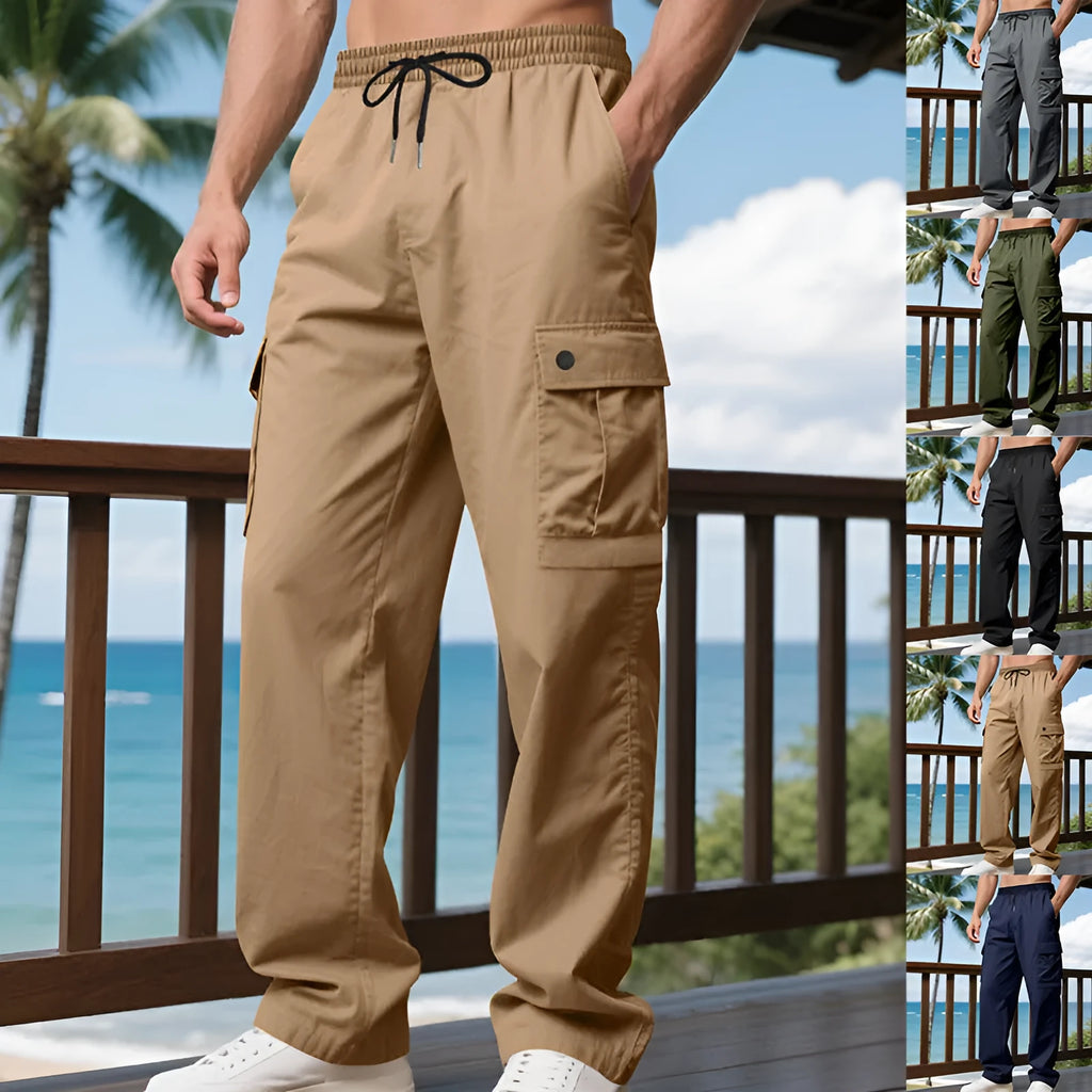 Men's multi-pocket cargo pants in dark grey, loose straight-leg, mid waist, polyester