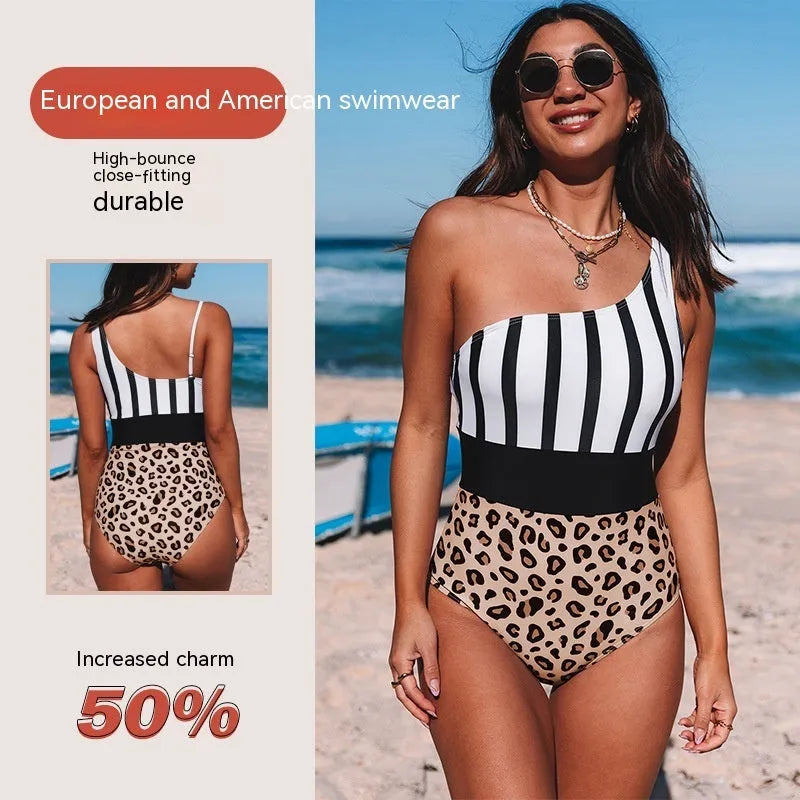 Leopard print one-piece swimsuit for women with asymmetric collar and high-waist triangle cut.