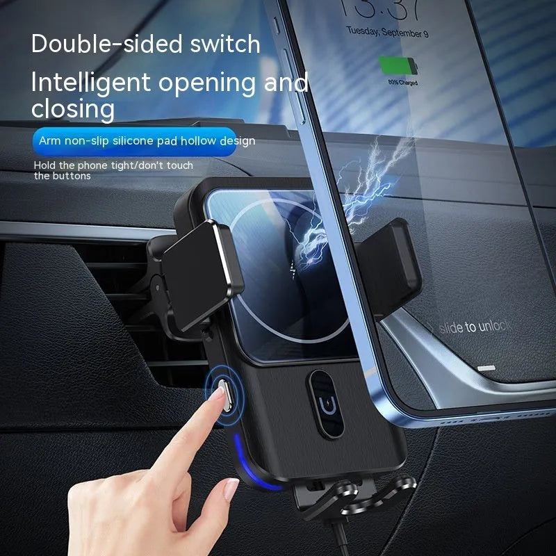 Black car wireless charger phone holder with 15W charging and choice of mounting brackets