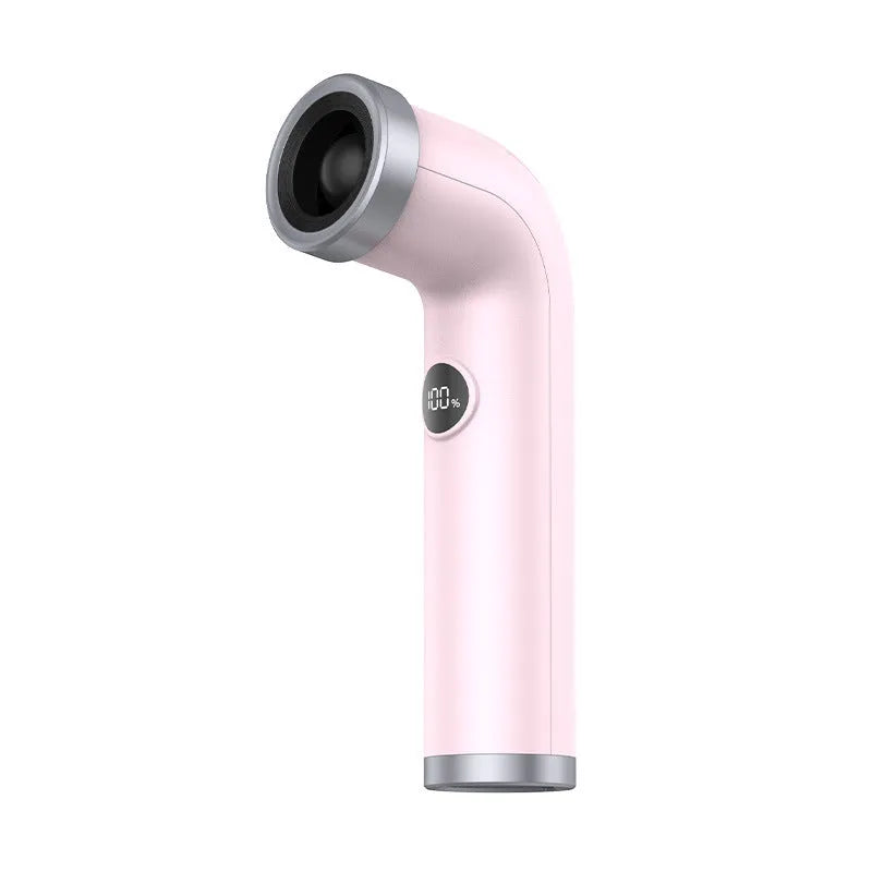 Bladeless portable fan in apricot colour with lithium battery and power cord
