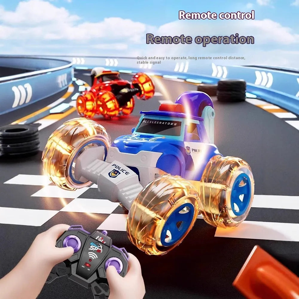 Remote control stunt car for children aged 4-6, plastic four-wheel drive toy with 360° tumbling and lights, blue or red style