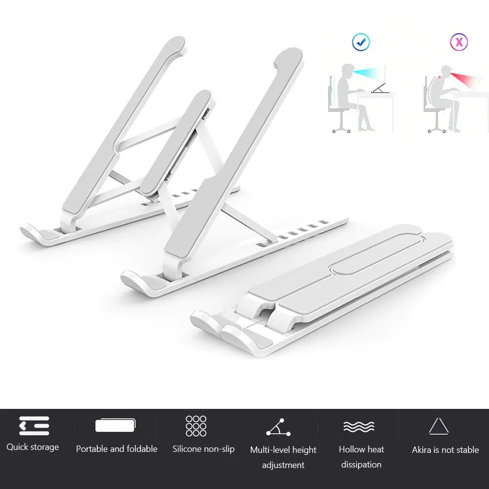 Black adjustable laptop stand with six gear settings, folded for portability, on a desk