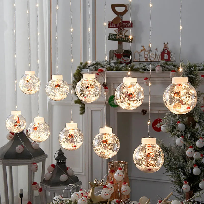 LED Christmas curtain lamp with 10 fairy ball lights featuring snowman and Christmas tree designs for window decoration