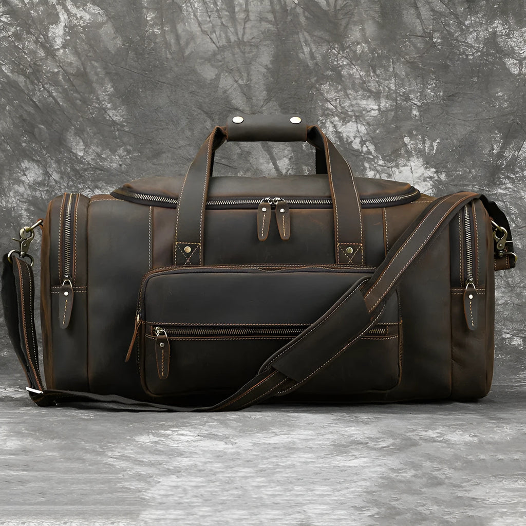Men's dark brown genuine leather crossbody bag, 22 inches, with stitched seams and adjustable shoulder strap