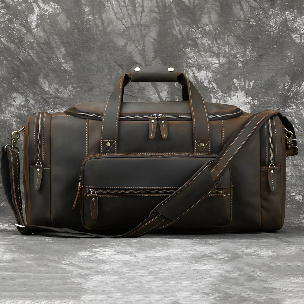 Men's dark brown genuine leather crossbody bag, 22 inches, with stitched seams and adjustable shoulder strap