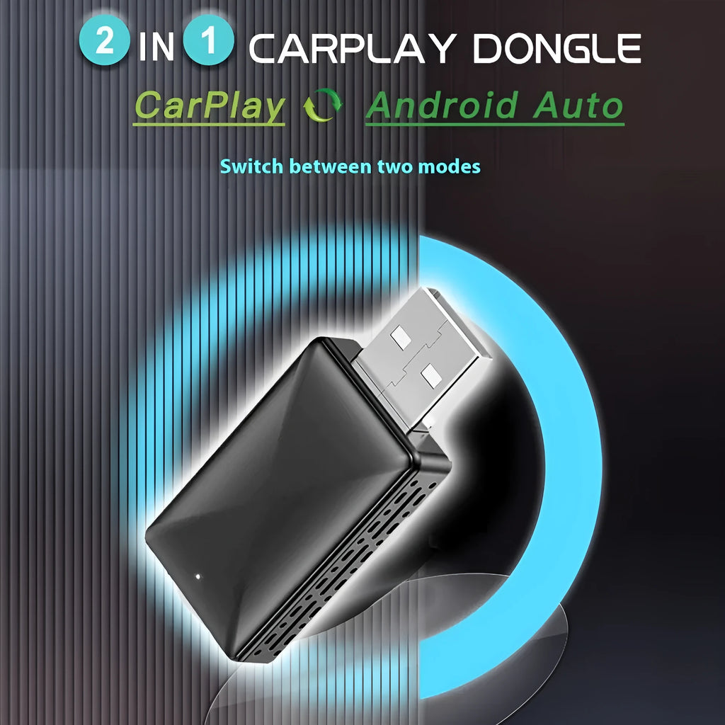 Two-in-one wired to wireless car interconnection box in black ABS with USB and Type C interfaces