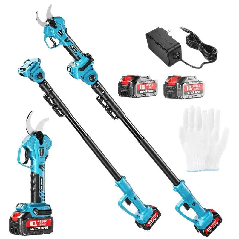 6-inch brushless electric pruning saw with 2.5 m high branch rod, 10 sections, 21V batteries, and SK5 steel blade