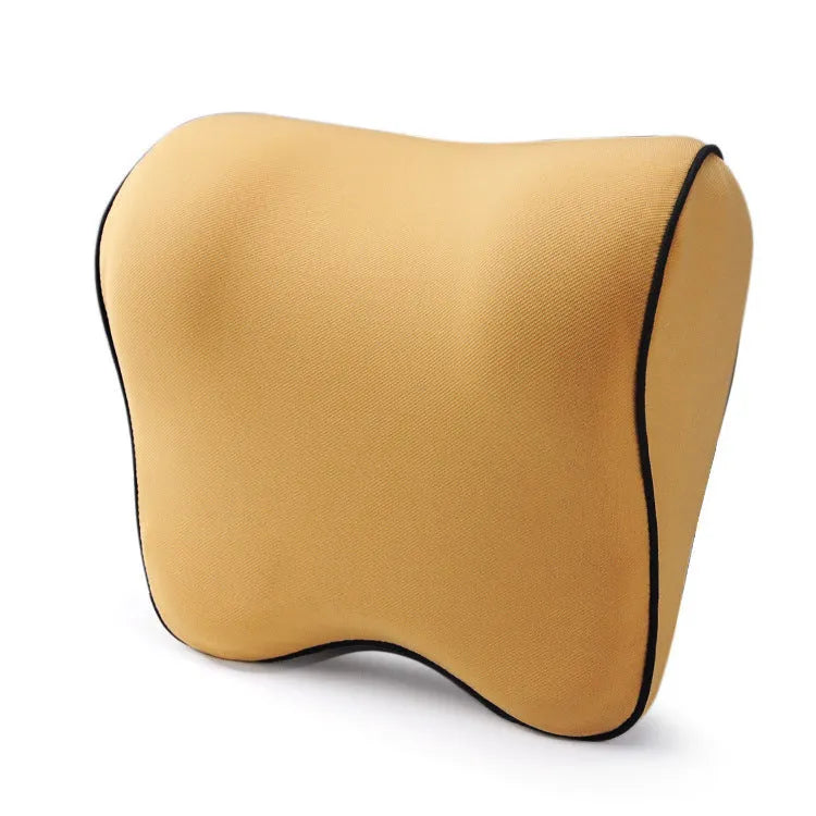 Memory foam car headrest in light grey with twill polyester cover measuring 26x23x12cm