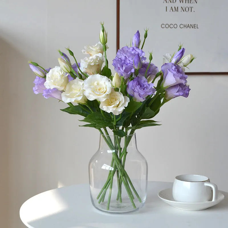 22cm artificial Eustoma stem with 3 silk flower heads in beige, pink, light lotus, purple or orange