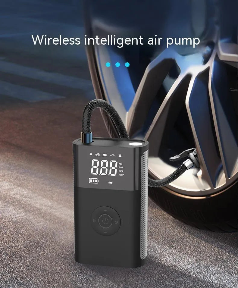 Wireless handheld digital tyre pump with LCD display, black ABS casing, and set of inflation nozzles.
