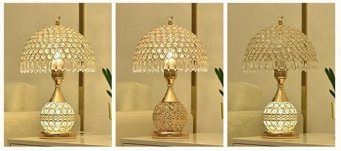 Gold crystal desk lamp with iron art base and remote control on wooden table